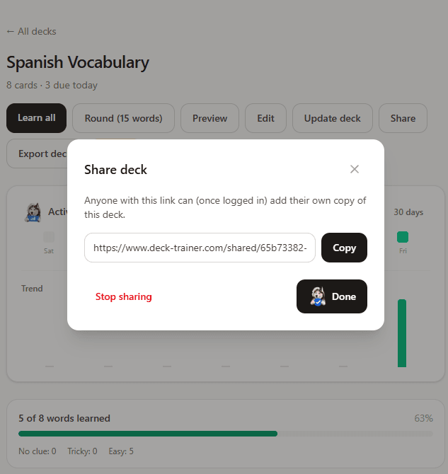 Sharing a deck via a generated link